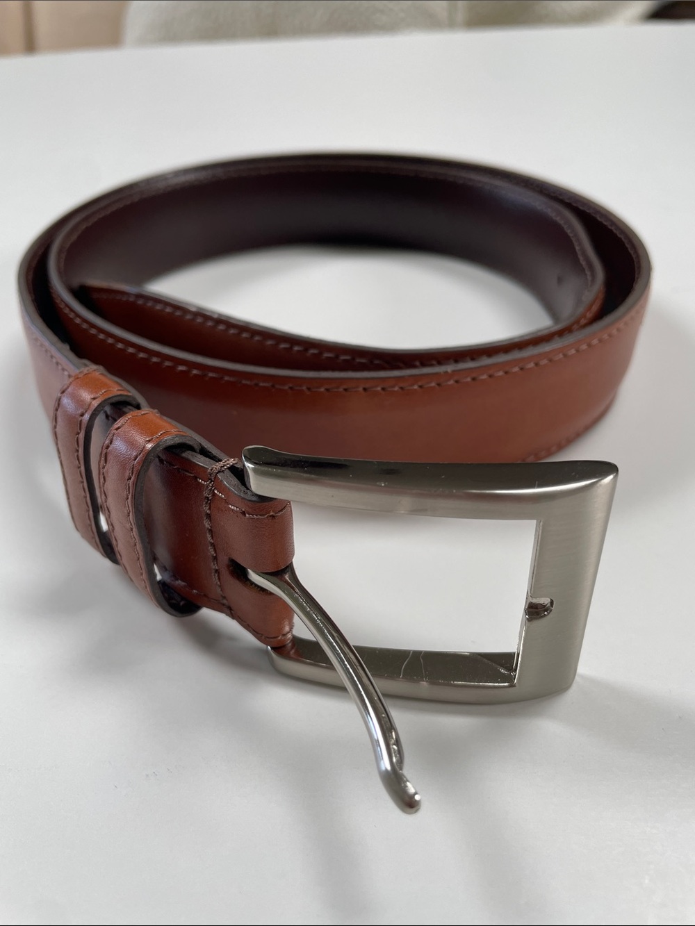 Allen Edmonds Tan Leather Belt with Brushed Silver Buckle